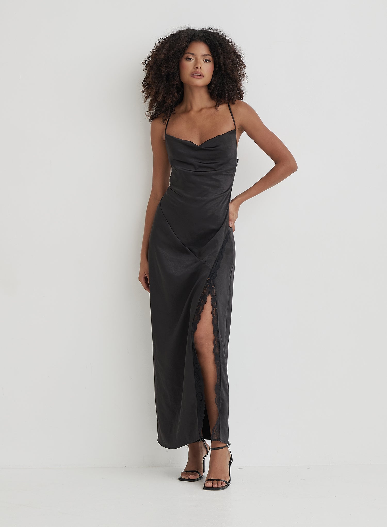 Black Satin Side Split Maxi Dress
